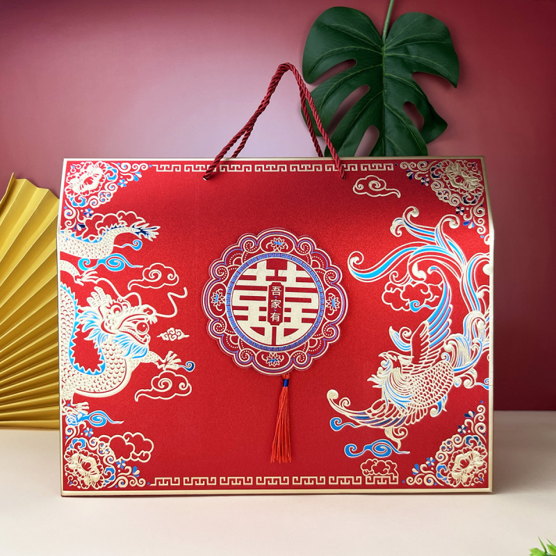 中国式婚約結納箱浮き彫り箔押し手土産箱金葱紙艶消しお祝い結婚式特大サイズ喜糖箱|undefined