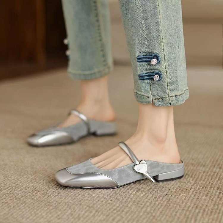 Retro two-tone summer Mary Jane shoes with metal buckle square toe…