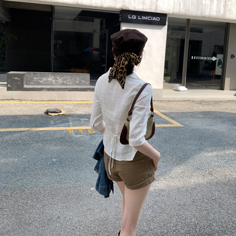 European French Lace-Up Waist Linen Mid-Sleeve Shirt for Women Summer 2025 New Style Foreign Style Unique Chic Small Top for Women