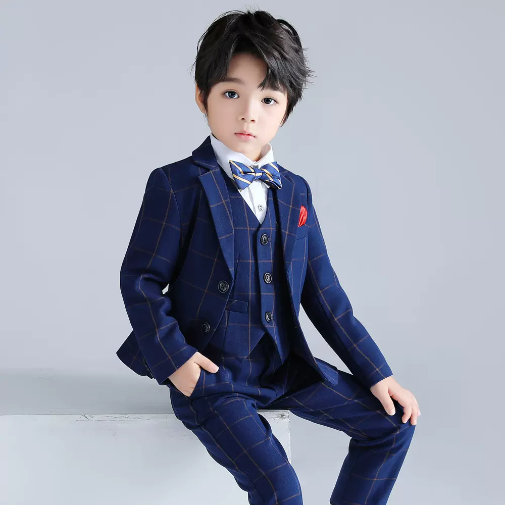 儿童小西装秋季帅气格子款男童钢琴摄影礼服套装宝宝周岁花童表演