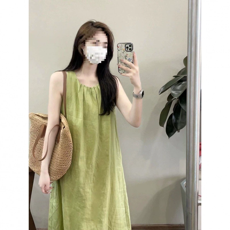 IT2 Зеленое платье без рукавов с подтяжками Женская летняя мода текстура Французская пляжная чайная юбка с длинным темпераментом