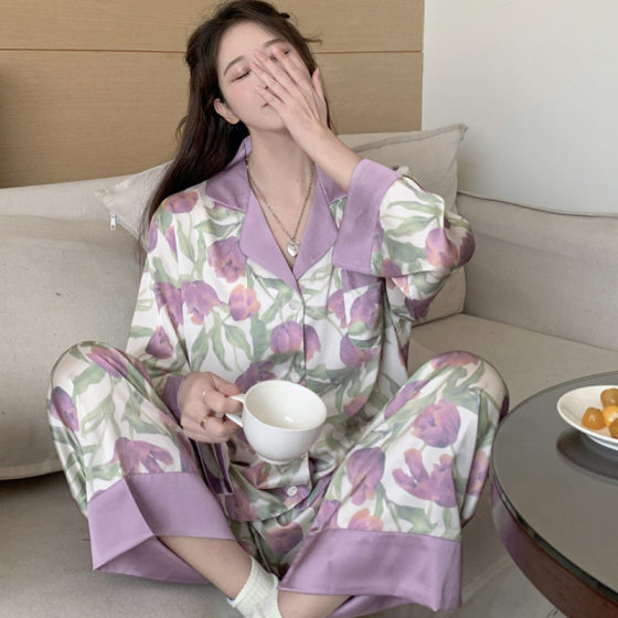 Pajamas women's explosive high-end purple tulip suit sweet imitation silk home clothes can be worn wholesale