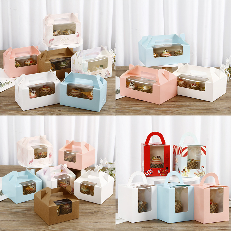 [Factory Wholesale] 2/4/6 Pack Portable Cupcake Packaging Box Wood Bran Cup Window Mafen Box Egg Tart