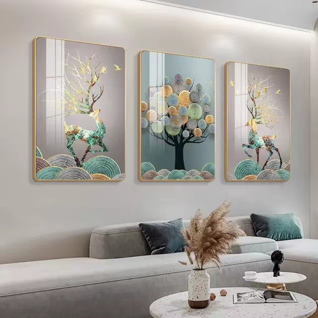 金鱗躍祿輕奢大氣客廳裝飾畫三聯畫沙發背景牆掛畫pvc邊框晶瓷畫