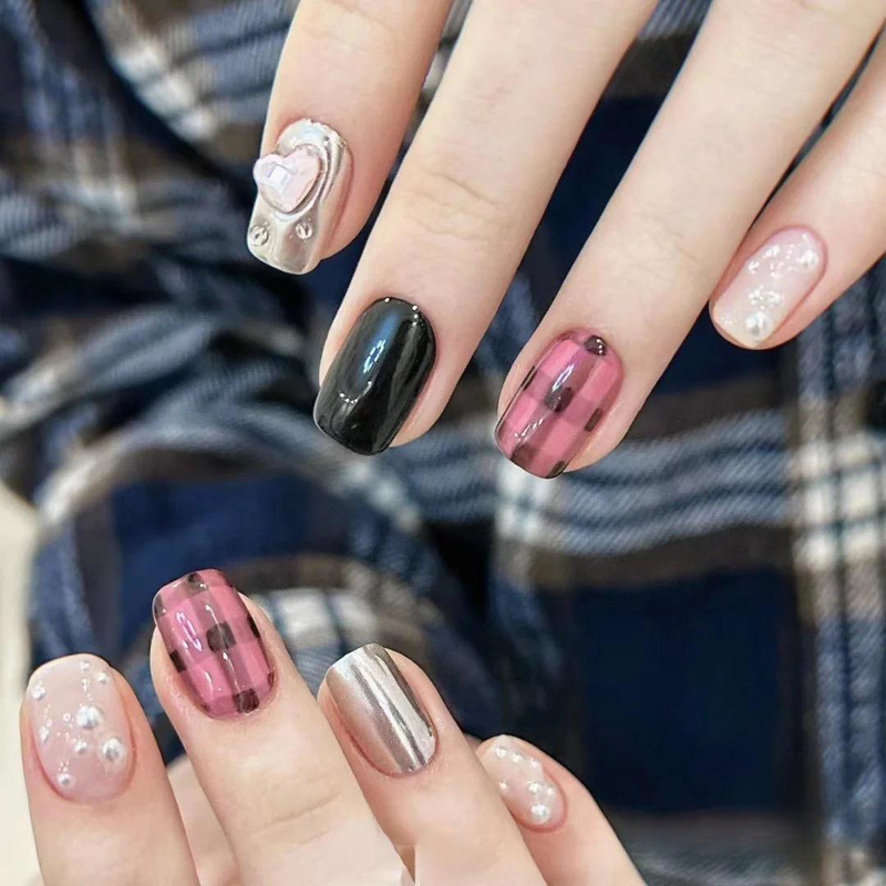 East China Sea Wear Nail Art Deer Dance Black Powder with Japanese Plaid Sweet Cool Magic Mirror Powder Sticker Diamond Dismantling Rococo Oil Painting