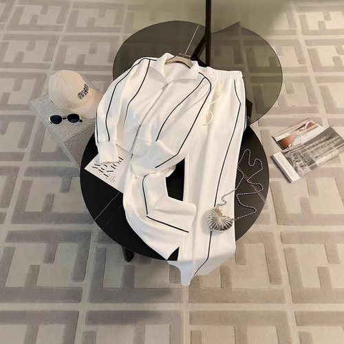 Stylish and Fashionable Women's Set Autumn Open Crewneck Sweatshirt Wide Leg Pants Sporty Casual Two-Piece Set Trendy