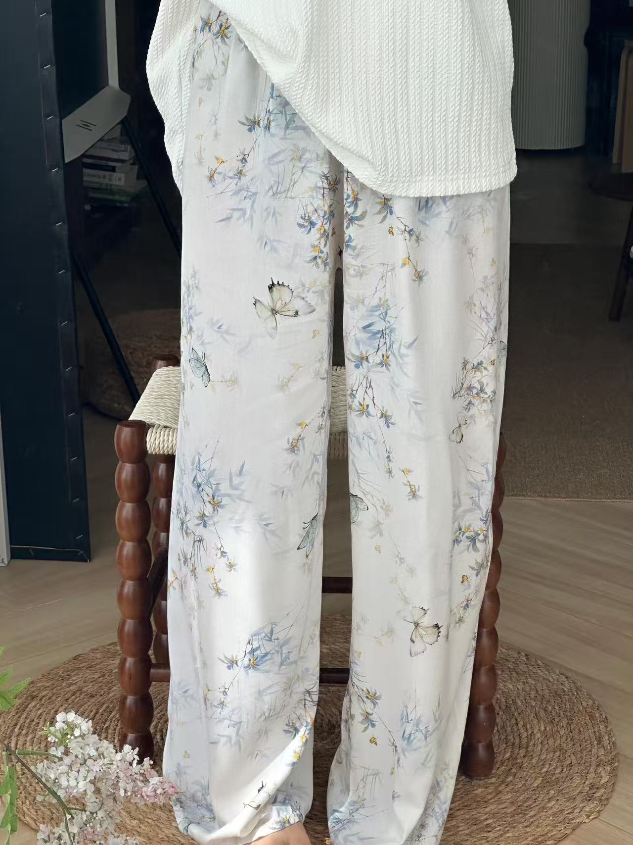 Nuevos pantalones de seda casuales estampados para mujer, pantalones de pierna recta delgados perezosos de verano, pantalones de pierna ancha delgados, pantalones para caminar delgados