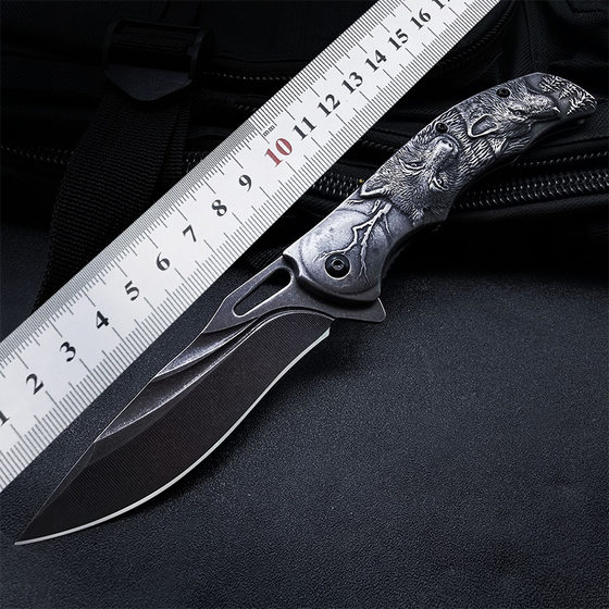 Cross-border embossed steel handle folding knife creative wolf head camping tactical knife portable high hardness stainless steel fruit knife