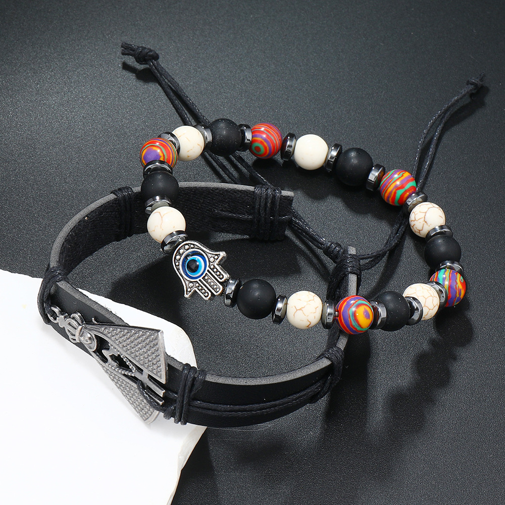 Retro Palm Pu Leather Tiger Eye Obsidian Unisex Bracelets display picture 20