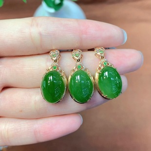 Fubei Diamond Jewelry [18K Gold Inlaid with Natural Hetian Jasper Spinach Green Dan Noodle Pendant] Bare Stone about 8*10mm