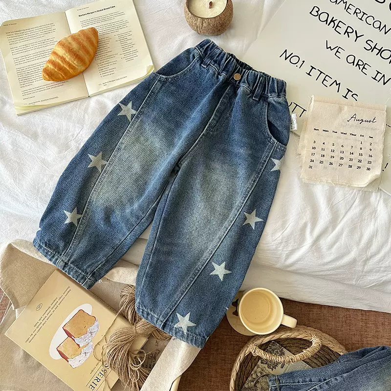【现货】CK265660儿童童裤2025春季新款韩版宝宝直筒星星牛仔裤潮