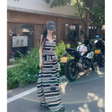 黑白条纹连衣裙女夏季复古绑带收腰修身裙子无袖法式气质a字长裙