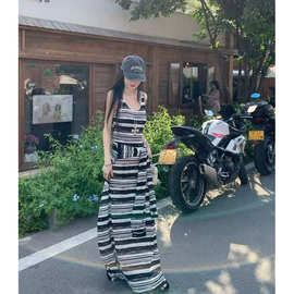黑白条纹连衣裙女夏季复古绑带收腰修身裙子无袖法式气质a字长裙