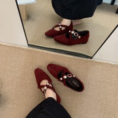 晚晚风珍珠蝴蝶结气质方头浅口玛丽珍单鞋女2025新款绒面粗跟女鞋