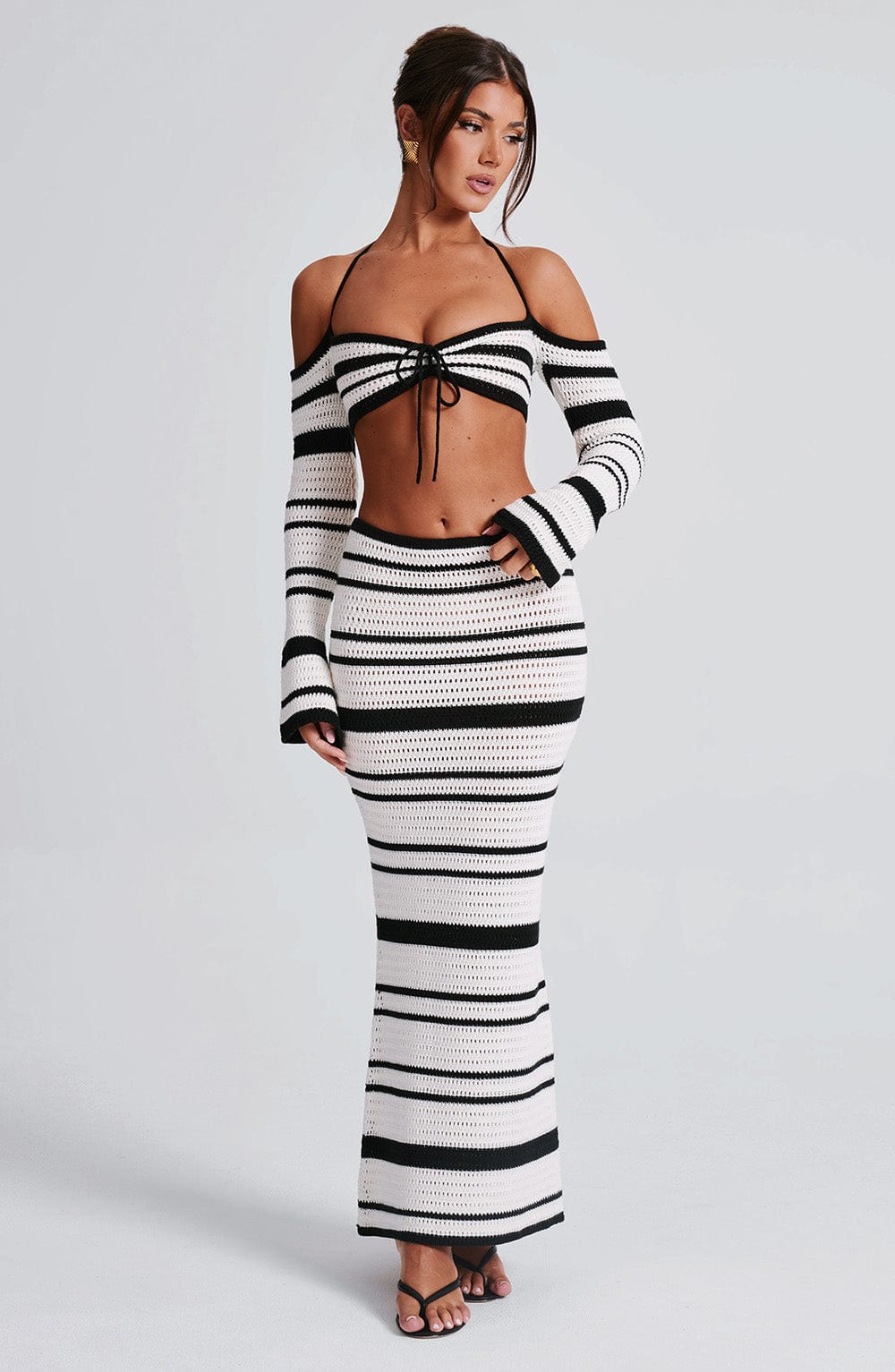 427g Weight Long Sleeve Sleeve Length Polyester Fabric Type Skirt Co-ord Set Sets Type 2 Pieces Set Quantity Holiday Occasion Halter Neck Neckline Comfort Function Regular Fit Fit Type Stripe Pattern Summer Season Women's Gender Streetwear Style Holiday Women's Streetwear Stripe Polyester Skirt Co-ord Set Skirt Sets 4