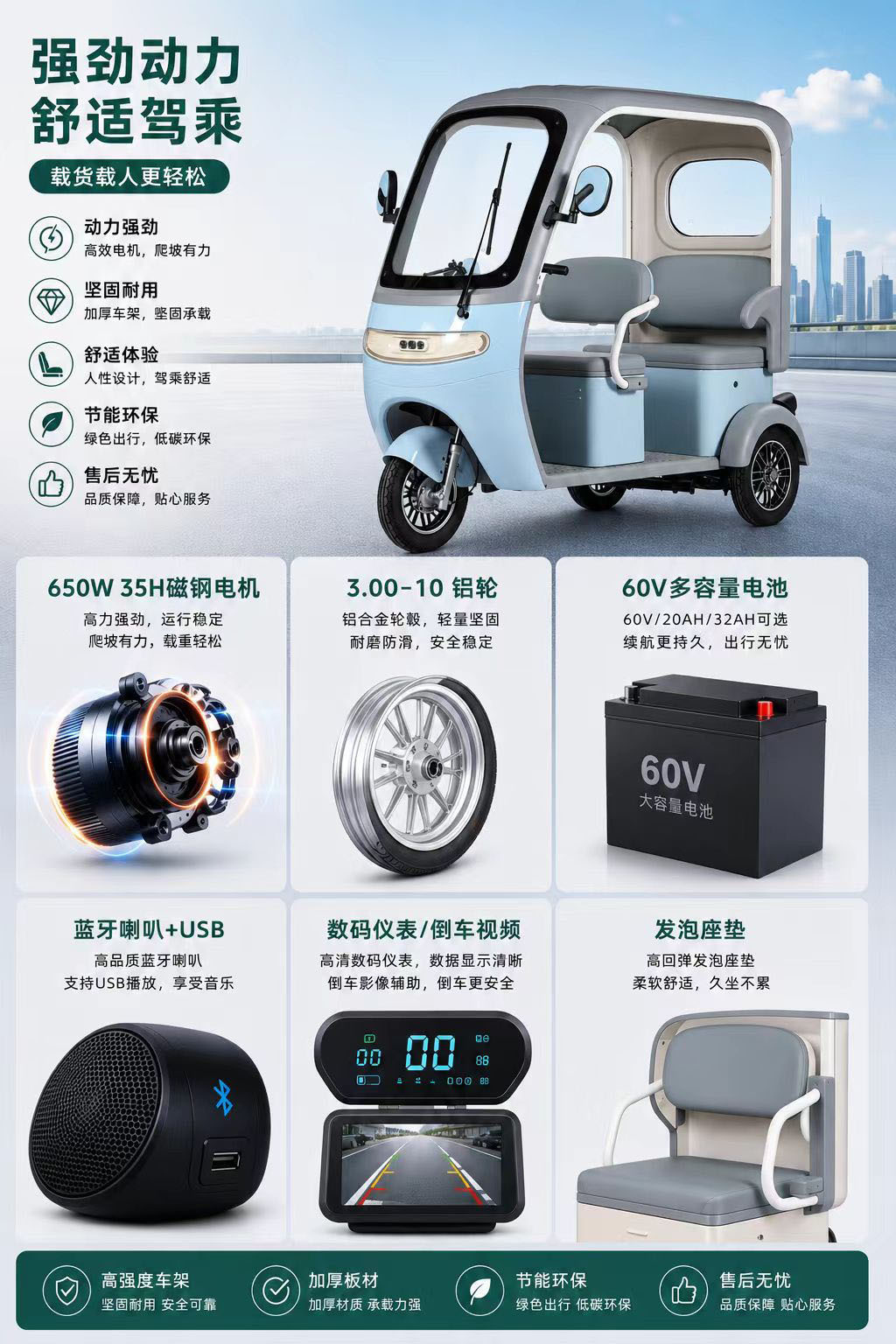 A9 Light Blue Electric Tricycle for the Elderly, Portable and Safe, Low-Carbon, Easy to Operate
