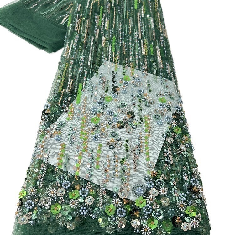 Diamante tridimensional perlas de perlas sequinilla tela de malla de moda europea y americana vestido de novia tela de moda