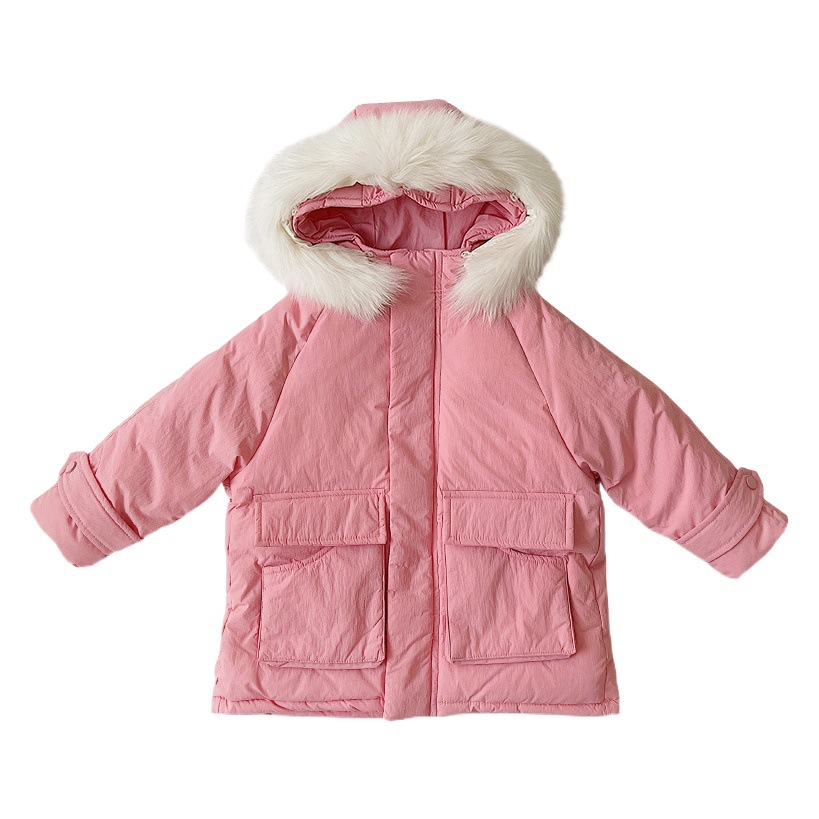 Otoño e Invierno DE LOS NIÑOS abajo chaqueta de media longitud espesado cuello de piel grande pato blanco abajo ropa de los niños abajo chaqueta abrigo de invierno