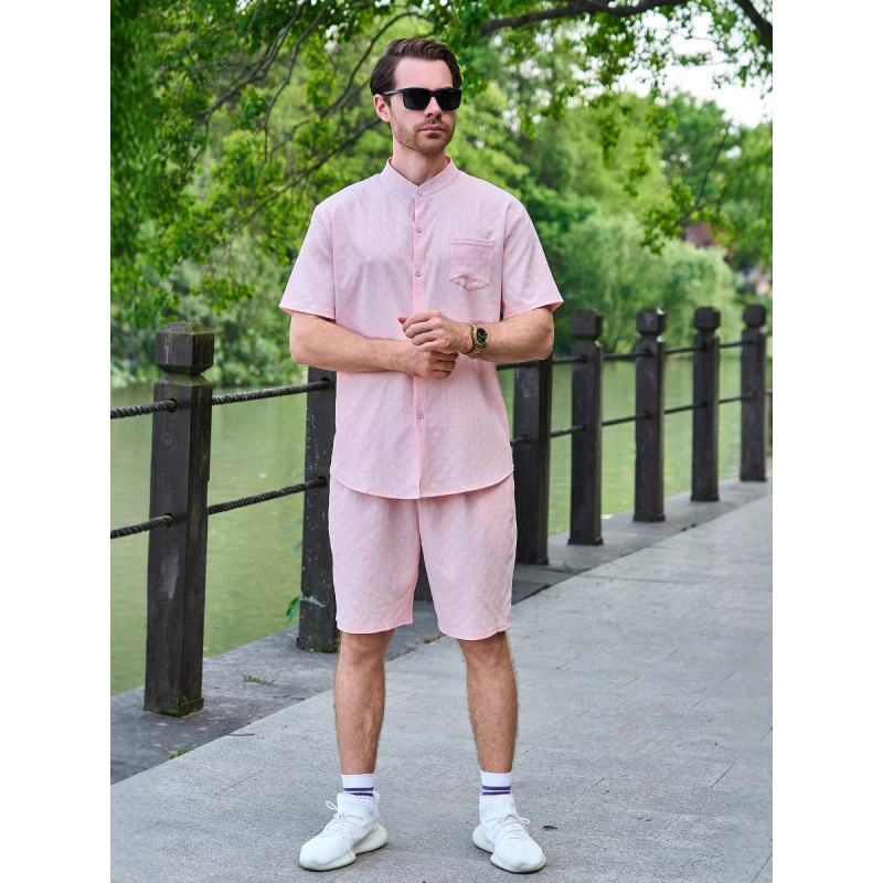 새로운 여름 아마존 크로스보더 남성 자카드 셔츠 캐주얼 스탠드 칼라 포켓 카디건 반팔 반바지 정장