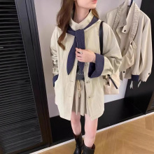 高端撞色格子立领连帽中长款风衣女2025秋季新休闲百搭小个子外套