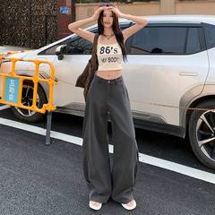 批发美式复结构剪裁弯刀牛仔裤宽松休闲直筒运动裤潮灰色镰刀裤