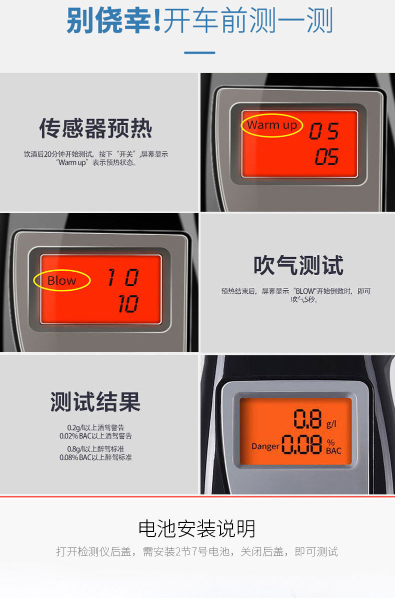 Car Alcohol Tester Portable Car-Mounted Air-Blowing Detector High-Precision Digital Display Drunk Driving Measurement Device