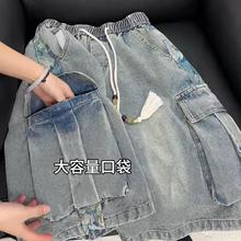 外贸出口专柜撤柜清仓复古牛仔短裤女贴布刺绣大码宽松阔腿休闲裤