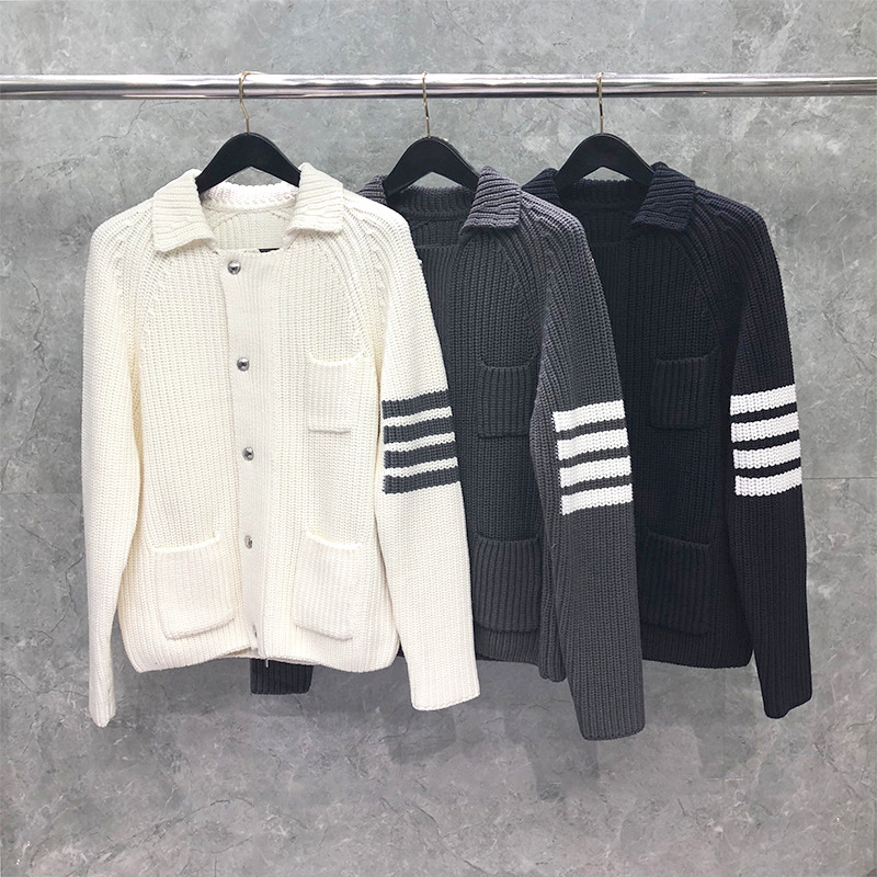 TB Sleeves Four Bars Thickened Thick Knitted Cardigan Men's and Women's Autumn and Winter Lapel Long Sleeve Sweater Zipper Jacket