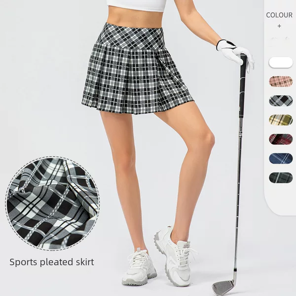 Spring and Summer Women's Plaid Sports Skirt Pleated Skirt Indoor Running Dance Anti-Exposure Skirt Pants Yoga Tennis Skirt 2242