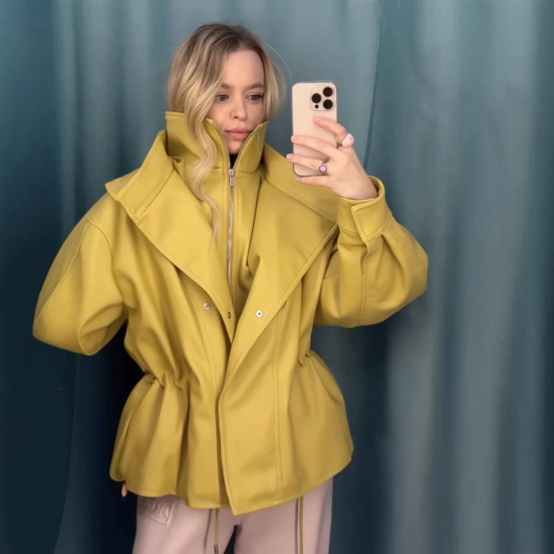 European and American Cross-Border 2026 Autumn New Women's Fashion Lapel Lantern Sleeve Waist-Cinching Tie Short Leather Jacket for Women European and American Cross-Border 2026 Autumn New Women's Fashion Lapel Lantern Sleeve Waist-Cinching Tie Short Leather Jacket for Women