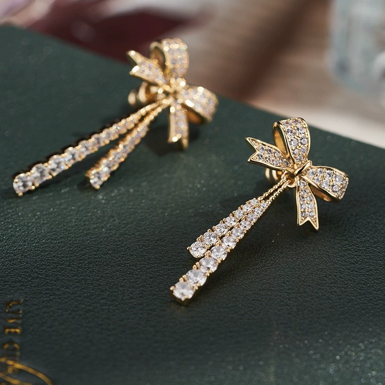 Bow dangle earrings, silver needle posts, light luxury crystal pendant, elegant bow design