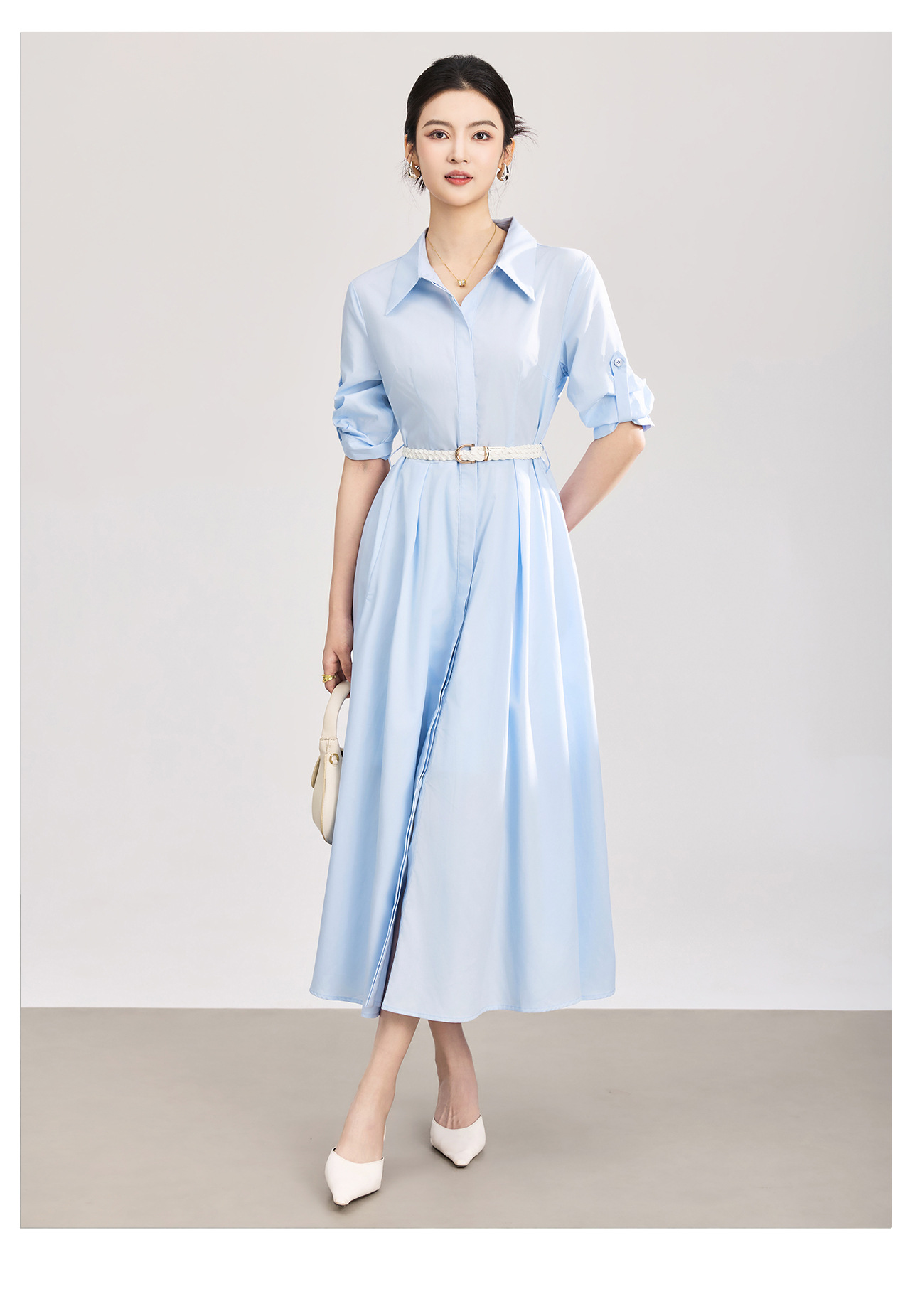 Đầm sơ mi nữ tay dài cổ ve, chất liệu tơ tằm pha cotton, dáng suông thoải mái — xanh lam chi tiết 11