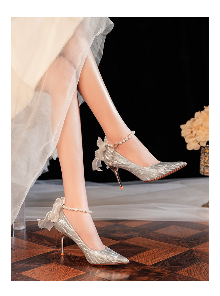 6681-58-041 Pointed Toe Stiletto Heel Shallow Mouth Women's High Heels French Bow Elegant Socialite Wedding Shoes_voghion.com