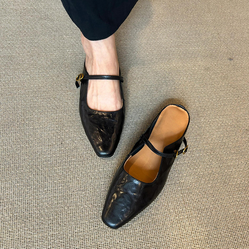 in stock-French Flat Toe Sandals Women's Genuine Leather High-End Slippers with Half Slip-on Shoes