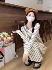 香风法式复古长袖拼色针织连衣裙女早秋季小个子收腰气质高级感