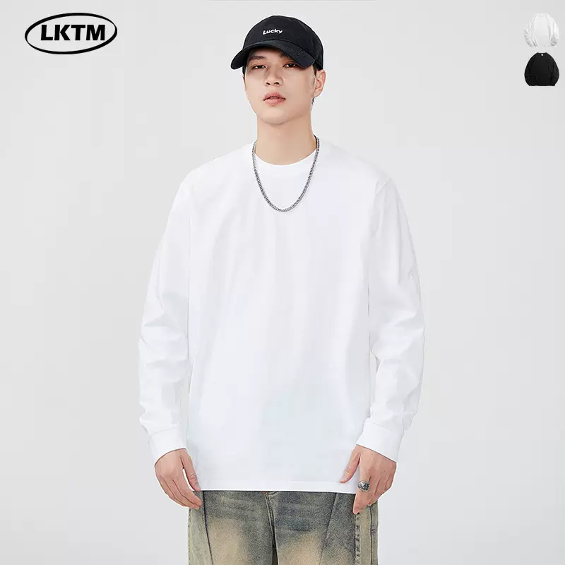 LKTM男装#纯棉长袖T恤男士圆领宽松潮日系内搭休闲上衣套头打底衫
