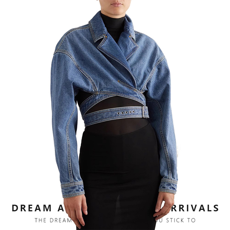 Niche Design Top Jacket 2024 Spring Cross Stacked Cut Out Waistless Lace-up Short Women's Denim Jacket Niche Design Top Jacket 2024 Spring Cross Stacked Cut Out Waistless Lace-up Short Women's Denim Jacket