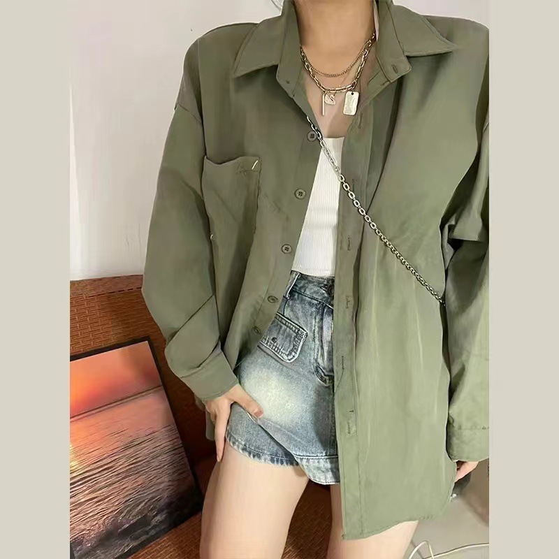 Camisa de manga larga verde superior mujer 2024 nuevo estilo otoño diseño francés solapa protector solar chaqueta de punto camisa