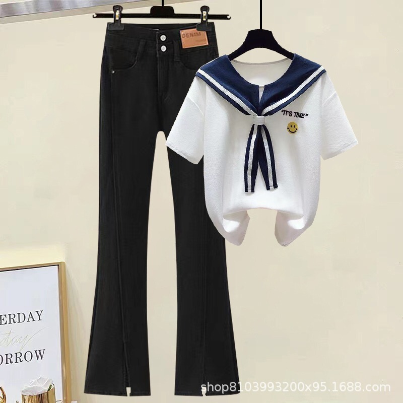 Jeans suit #2024 Summer New Contrast Short-sleeved T-shirt Women's Retro Split Jeans Two-piece Set Fashion