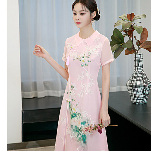 Pink Green Floral Chinese Dress Qipao Cheongsam Dresses For Women Girls temperament long v-neck chiffon Pink Green Floral Chinese Dress Qipao Cheongsam Dresses For Women Girls temperament long v-neck chiffon
