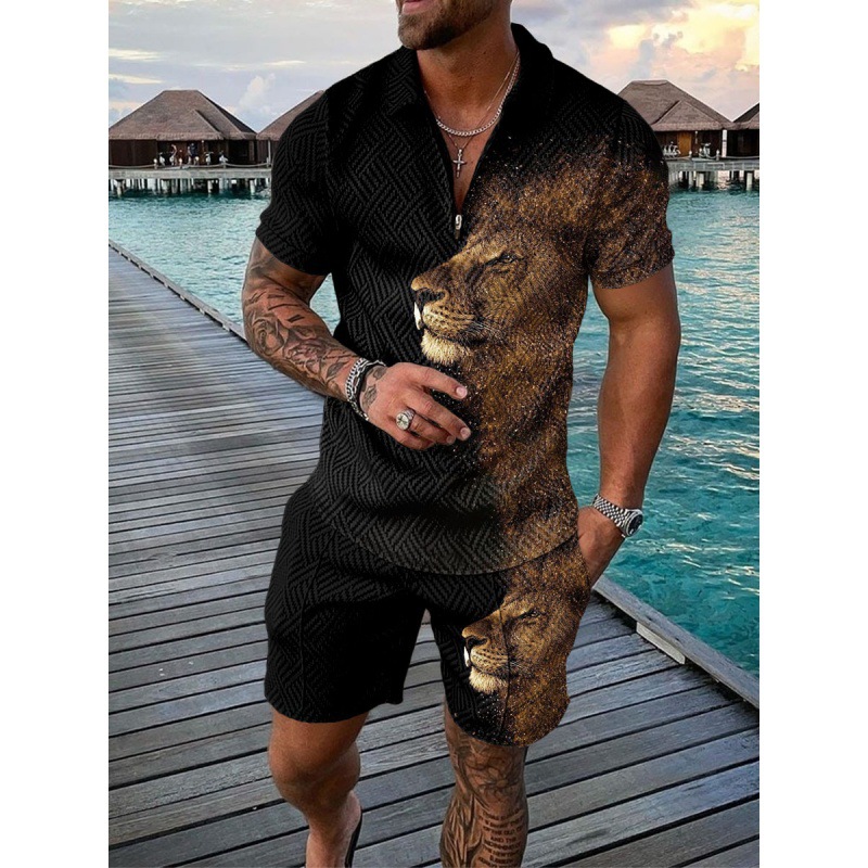 2022 cross-border European and American men's new independent station supply casual contrast color POLO zipper POLO shirt short sleeve suit