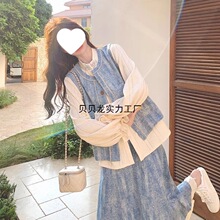 春季2026新款设计感马甲半身裙三件套蓝色小清新牛仔提花套装裙女