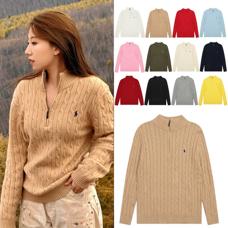 Rl Laff Pony Logo Embroidered Twist Half Turtle Collar Zipper Sweater Sweater Autumn and Winter Long Sleeve Tops for Men and Women