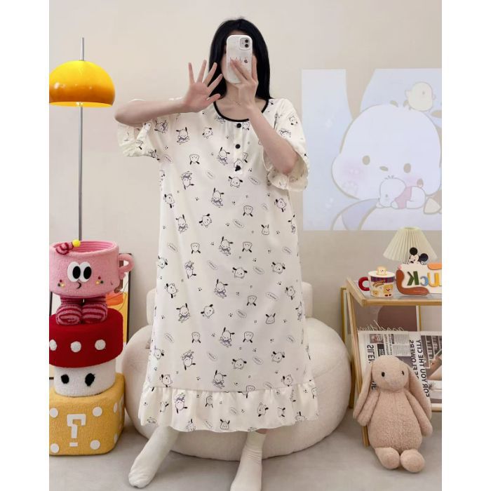 Camisón transfronterizo verano nuevo estilo femenino falda larga de manga corta dulce y linda nube de algodón estilo simple pijama de cuello redondo se puede usar afuera