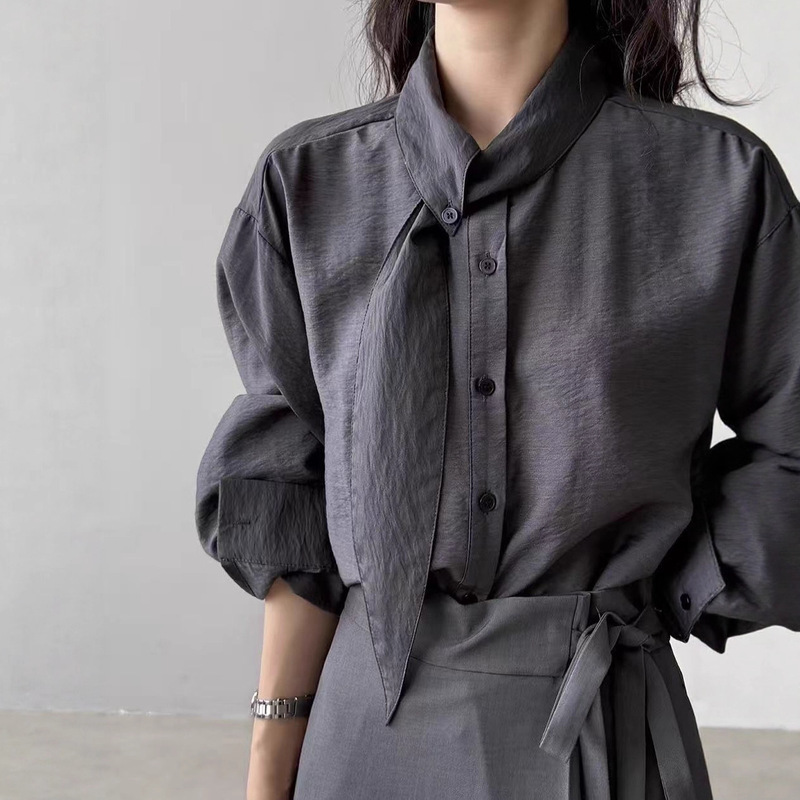 Korean-Style Scarf Collar Long-Sleeve Shirt for Women, Spring and Autumn Design, Niche Long-Sleeve Top, Loose Fit, French-Style Blouse for Work