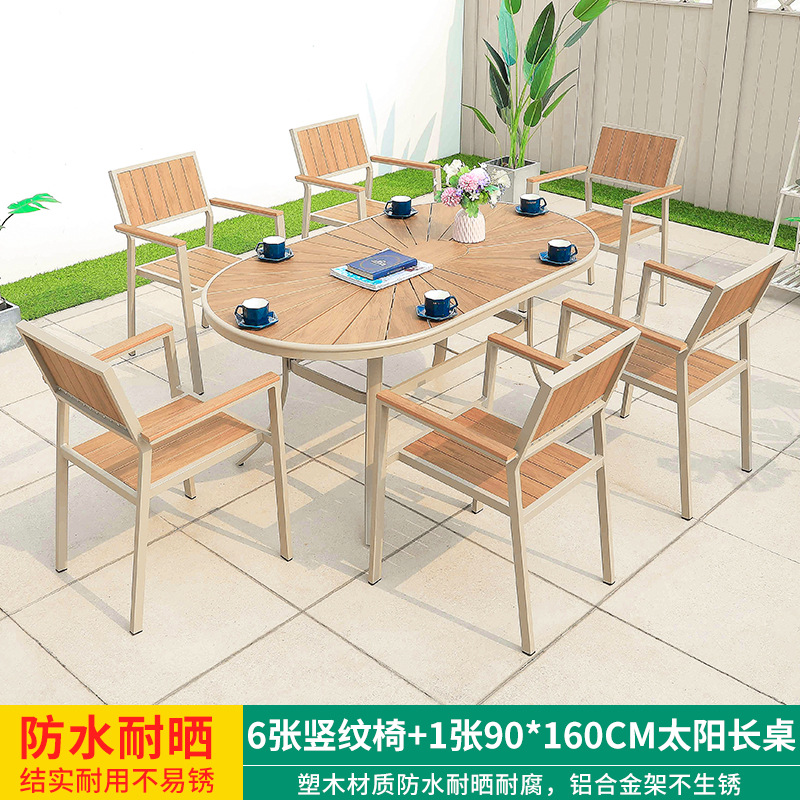 Mesa y silla de ocio al aire libre combinación de patio al aire libre jardín balcón impermeable anti-solar frente anticorrosión madera plástica mesa de madera