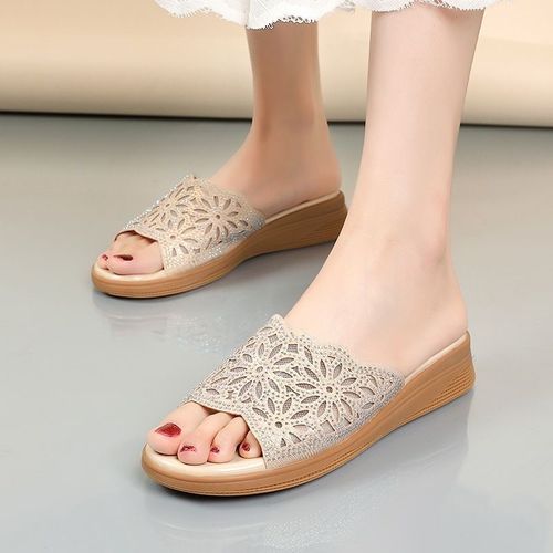 Soft leather hollow rhinestone sandals for women's outer wear summer new middle-aged and elderly fashion thick-soled casual shoes flip-flops
