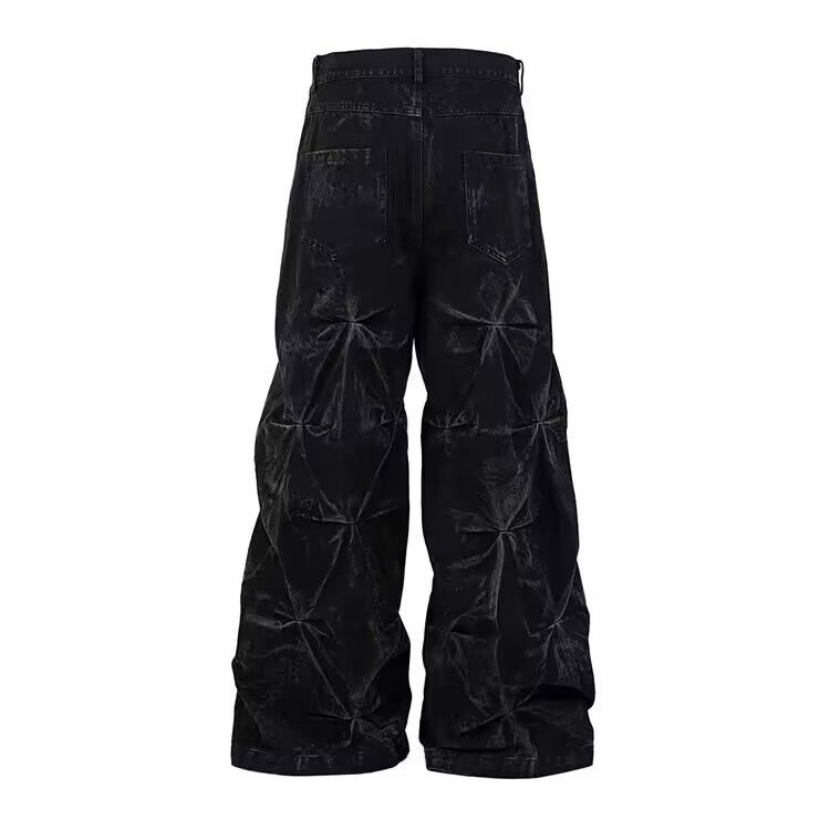 Jeans neri plissettati stile retrò da uomo, pantaloni a gamba larga, vestibilità ampia, stile street americano, marchio di tendenza di nicchia._voghion.com