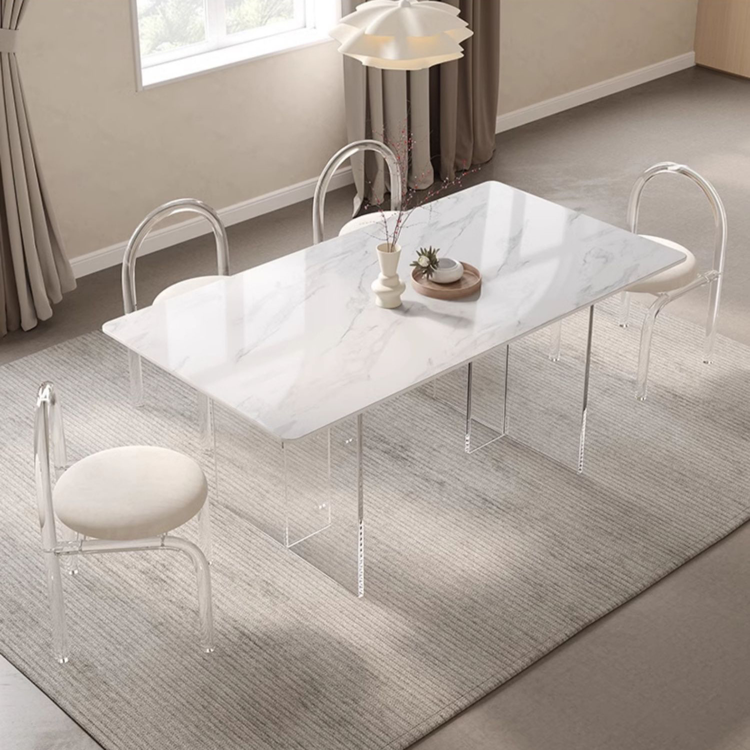 网红岩板餐桌椅组合现代简约小户型奶油侘寂风亚克力悬浮餐桌