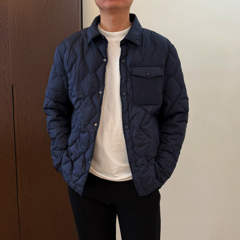 家属福利 90白鸭绒轻盈保暖翻领衬衫式菱格珩缝男士羽绒服